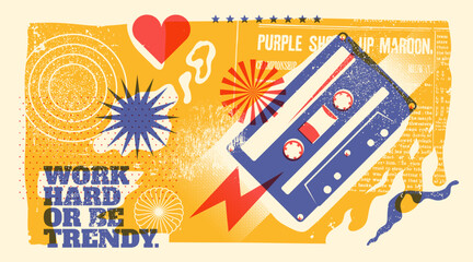 Naklejka premium A retro style background featuring a distressed cassette tape, pop graphics, and grungy collage textures. Vector illustration. 