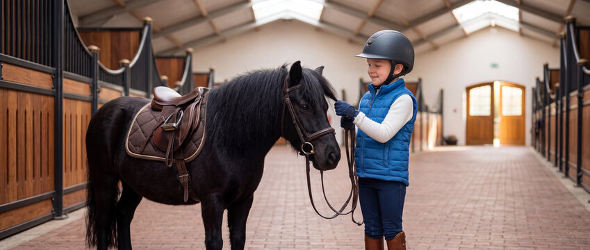 Young rider with saddled black pony prepares for an equestrian lesson inside a spacious wooden stable aisle, wearing a blue vest and protective helmet for childhood horse training
