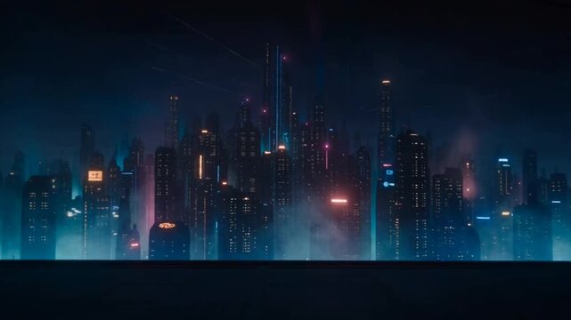 Futuristic cyberpunk megacity skyline at night with towering skyscrapers and neon lights, aerial view