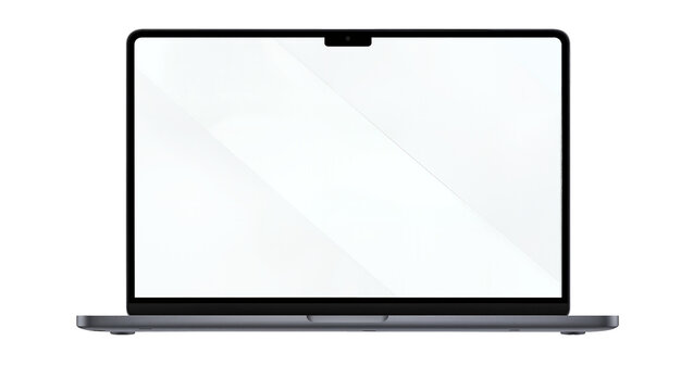 Modern dark grey laptop with blank screen, isolated on transparent background