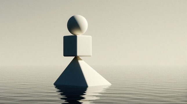 Minimalist 3D render of white geometric shapes stacked on water. Sphere sits on cube atop pyramid base. Zen balance concept with calm ocean background. Abstract stone stack creates peaceful mood for