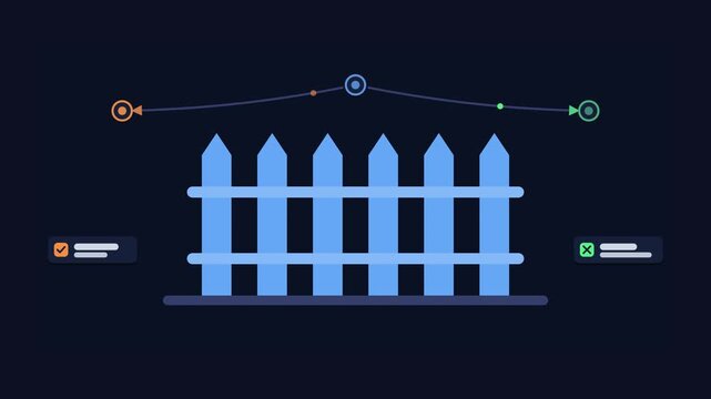 Seamless 4K looping animation of an abstract business metaphor: setting boundaries building a fence. Flat vector shapes, glowing blue and azure details and dark interface cards with blank text placeho