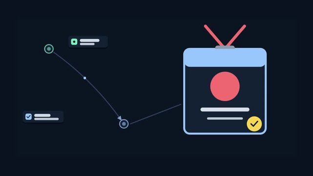 Seamless 4K looping animation of an abstract business metaphor: taking on new role badge. Flat vector shapes, glowing blue and azure details and dark interface cards with blank text placeholders sit o