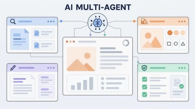 Animation showing AI multi agents collaborating on a project with connected windows and tasks