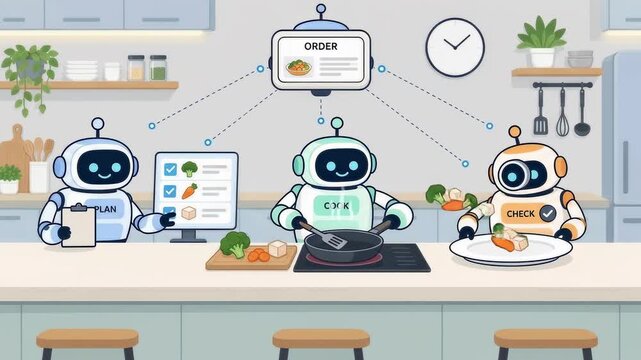 Animation of cute robots collaborating to plan cook and check food in a modern kitchen