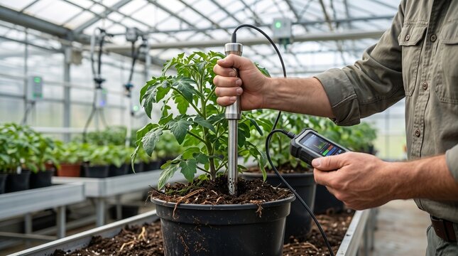 Agricultural specialist inserting soil moisture sensor probe into potted tomato plant in greenhouse showcasing precision farming technology