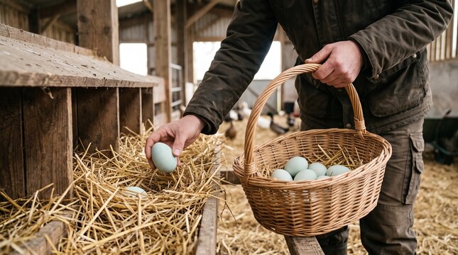 Poultry farmer collecting fresh organic duck eggs from straw nesting box into wicker basket inside barn conveying organic farming