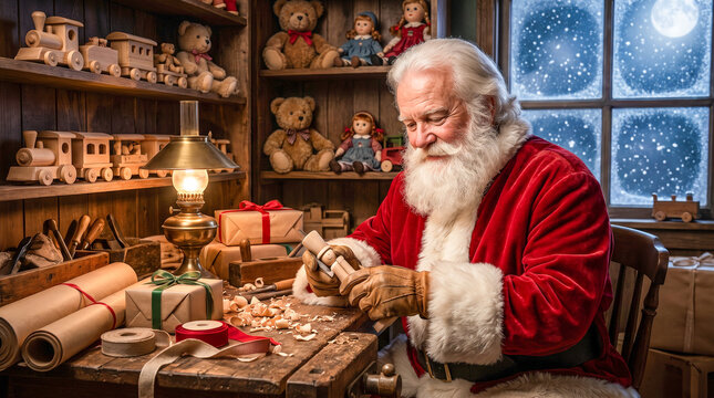 Pap&aacute; Noel prepara juguetes y envuelve regalos en un taller artesanal lleno de detalles, con iluminaci&oacute;n c&aacute;lida y una atm&oacute;sfera navide&ntilde;a m&aacute;gica.
