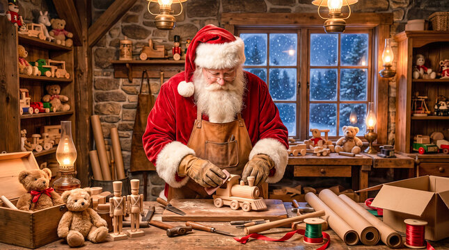 Pap&aacute; Noel prepara juguetes y envuelve regalos en un taller artesanal lleno de detalles, con iluminaci&oacute;n c&aacute;lida y una atm&oacute;sfera navide&ntilde;a m&aacute;gica.