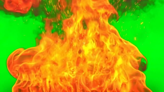 Realistic fire flames on green screen background