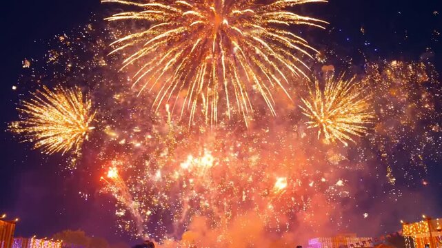 Golden fireworks exploding in night sky during Diwali celebration