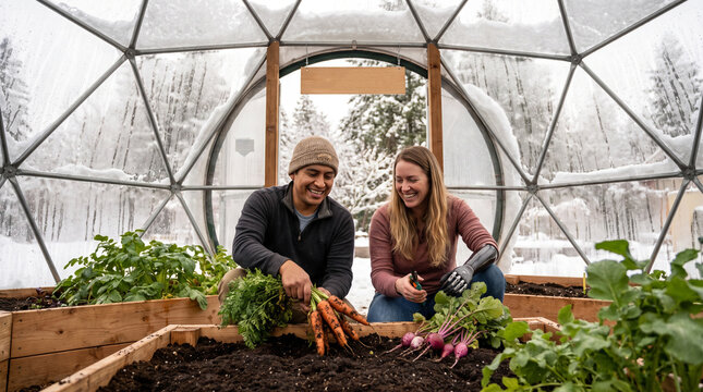 Two people smile while harvesting carrots and radishes. They sit in a geodesic dome garden during winter. Snow covers the snowy forest background. The wooden raised beds hold lush green crops