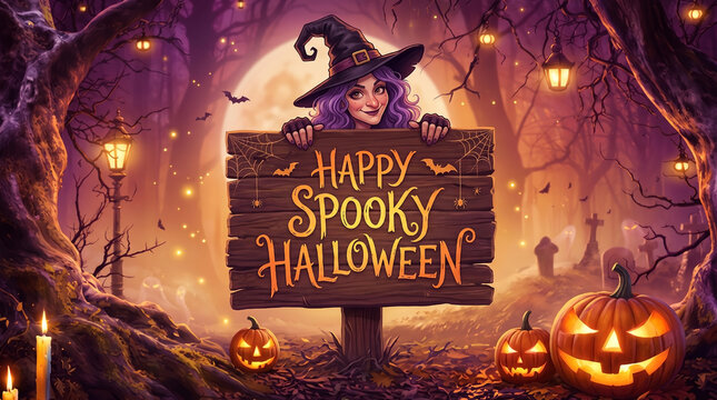 Purple witch smiles behind spooky wooden sign. Carved pumpkins glow softly beside sign. Twilight forest glows under lanterns. Moths flutter around ancient tree branches