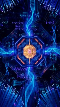Vertical  Quantum Computer CPU Processing Data Through Fiber Optics Animation