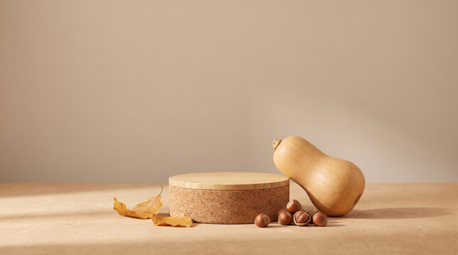 Warm beige tones frame a minimalist still life. Smooth butternut squash rests beside a wooden pedestal. Cork base and scattered hazelnuts add texture and earthy charm