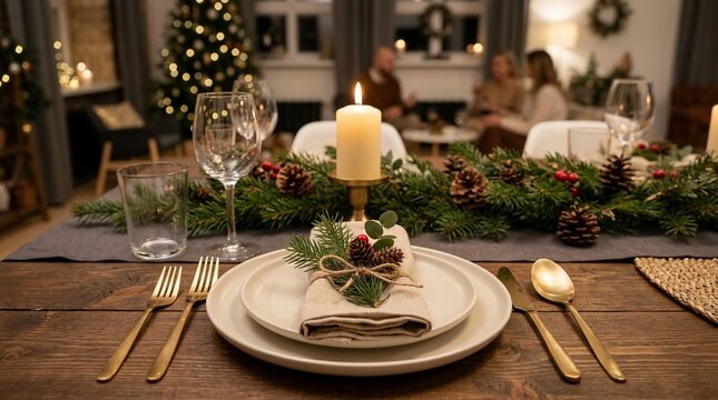 Elegant Christmas dinner place setting with festive decorations and glowing candle on a holiday table