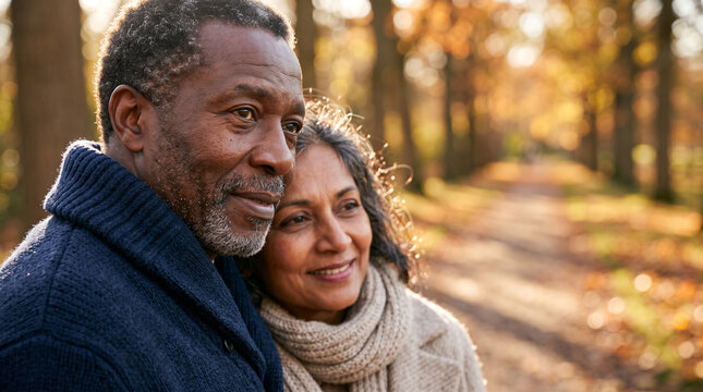 Golden autumn trees frame a quiet forest path. An older couple walks close, embracing warmly. Their smiles glow with shared contentment. The scene captures peaceful companionship