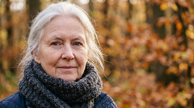 Gentle gray-haired woman walks autumn woods. Soft smile, calm, thoughtful expression. Warm tones, blurred background, golden light. Ideal for serene travel, nature wellness, or quiet moments