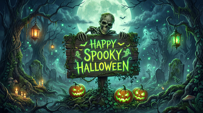 Glowing jack-o-lanterns line a spooky path. Skeleton waves from a sign beneath a full moon. Twisting trees frame eerie lanterns and misty shadows
