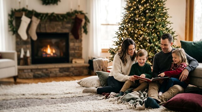 Happy Young Family Reading Book Together near Glowing Christmas Tree and Warm Fireplace in Cozy Home Living Room for Winter Holiday Website Banner.