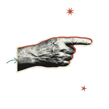Vintage collage of a pointing hand with paper cutout effect on black