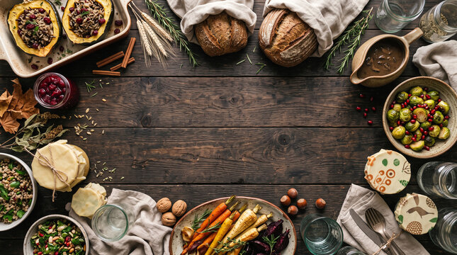 Vegan feast spreads over rustic wooden table. Colorful dishes surround the table's edges. Carrots, grapes, and breads fill the frame. Cinnamon sticks and nuts add warmth