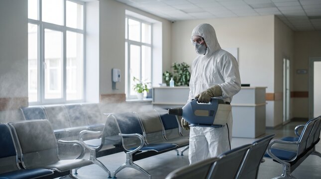 Disinfection technician in hazmat suit spraying disinfectant fog in hospital waiting room representing viral outbreak containment