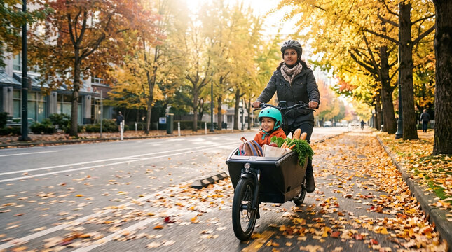 Woman rides cargo bike through autumn street. Child sits safely in rear cargo box. Golden leaves blanket road and sidewalk. Soft sunlight filters through trees. She wears helmet and warm jacket