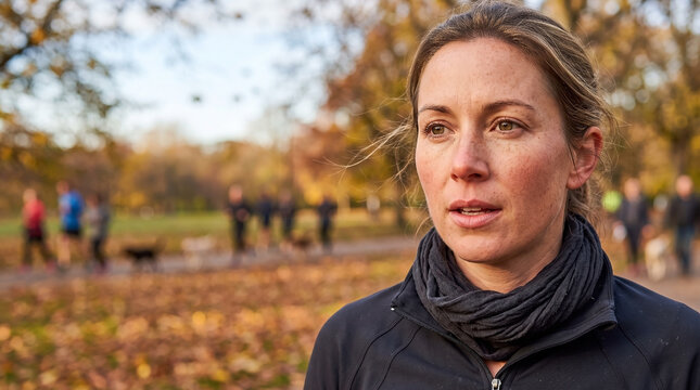 Woman pauses in autumn park, catching breath after run. Fall leaves cover ground beneath her feet. Soft light bathes her face, highlighting sweat and focus. Background blur shows others moving