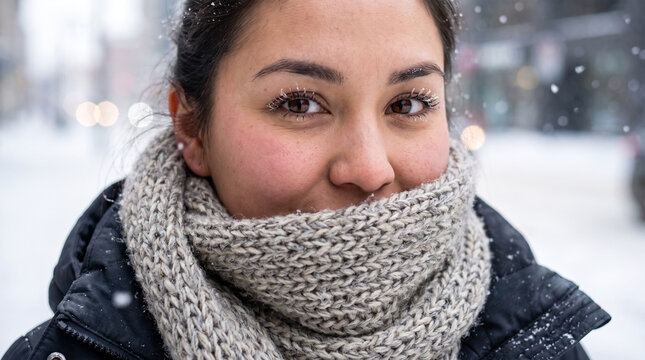Snowflakes fall softly around her. She smiles warmly, eyes bright and joyful. Knitted scarf wraps snugly around her neck. Winter city street blurs behind her. Urban chill meets her cheerful spirit