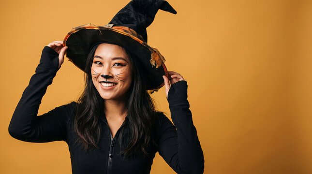 Witch hat sits atop smiling woman's head. She adjusts it with both hands, eyes bright. Black robe hugs her slender frame, festive. Orange backdrop adds warmth to Halloween spirit