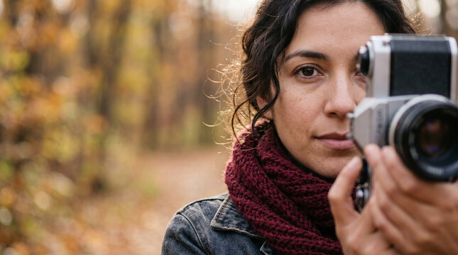 Woman holds vintage camera with calm, focused expression. Forest backdrop features warm autumn colors. Soft focus emphasizes her presence and intent