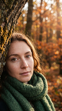 Woman leans against tree in autumn forest. Soft light bathes her calm, thoughtful gaze. Green scarf wraps her shoulders warmly. Background glow of orange leaves creates depth