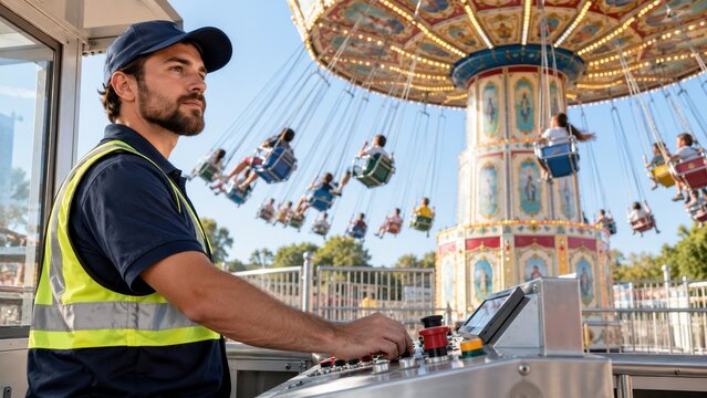 amusement ride operator monitors carousel controls at fairground