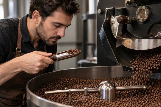 coffee roastery worker samples beans beside roaster