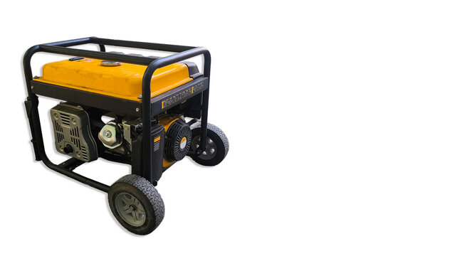 Yellow portable gasoline generator on a white background, emergency power supply concept.