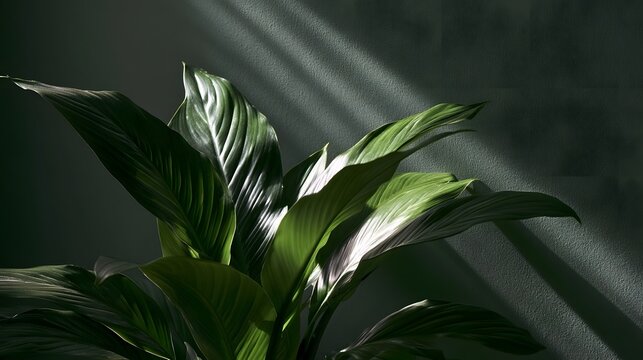 A lush green plant with broad leaves illuminated by diagonal sunlight casting soft shadows on a textured wall