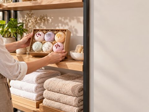 hand arranges bath bombs in a gift box at home