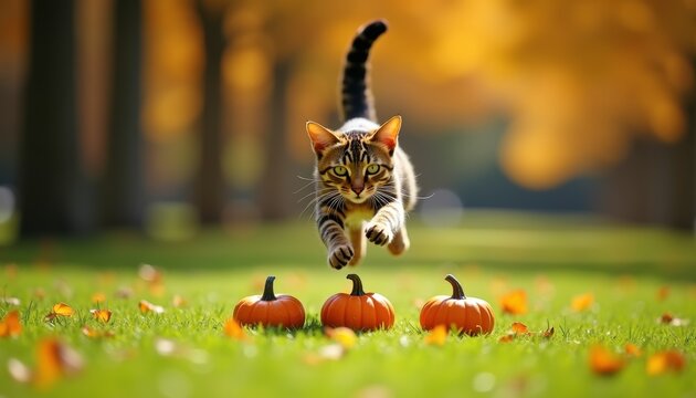 Bengal cat leaping over small pumpkins on green grass in autumn park