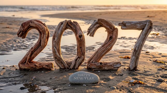 Rusty metal 2027 numbers on beach sand isolated on white background