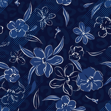 Hand drawn flower with abstract leopard texture background seamless pattern
