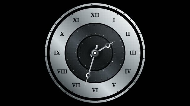 Metallic vintage clock face with roman numerals moving fast clockwise
