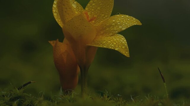 Orange crocus flowers with water drops, slow motion static shot with rack focus, dark background 4K