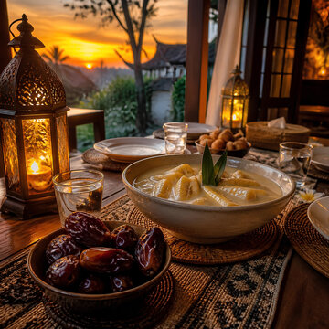 Traditional kolak pisang and dates for iftar with cozy lanterns
