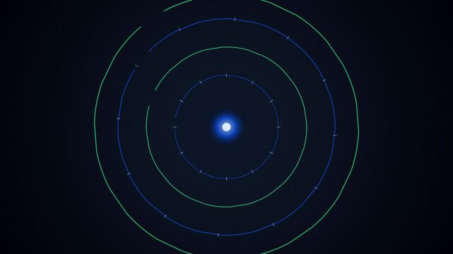 Glowing blue central sphere orbital radar lines seamless loop