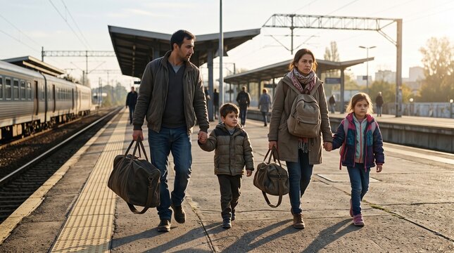 Migrant family carrying duffel bags while holding hands and walking together along a sunny train station platform, conveying journey, migration, and family unity.