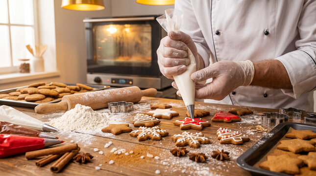 Reposter&iacute;a navide&ntilde;a artesanal con galletas decoradas, ingredientes naturales y luz c&aacute;lida, perfecta para publicidad gastron&oacute;mica y recetas festivas.