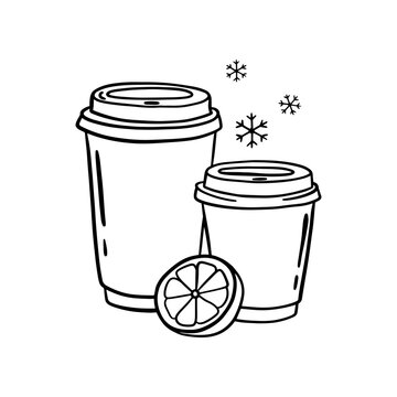 Two takeaway coffee cups with citrus slice and snowflakes, hand drawn black line art illustration for winter cafe design