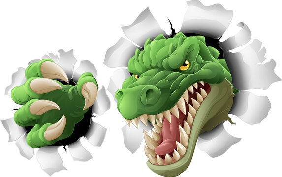 A crocodile, dinosaur or alligator lizard mean angry cartoon sports mascot