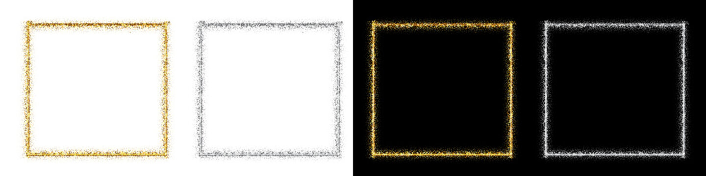 Gold and Silver Glitter Square Frame Set, Sparkling Thin Rectangle Borders with Shimmering Metallic Texture on Transparent and  Black Backgrounds